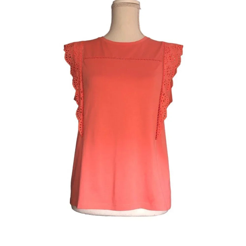 ANN TAYLOR Sz M Women's Coral Eyelet 100% Cotton Sleeveless Rounded Top Blouse